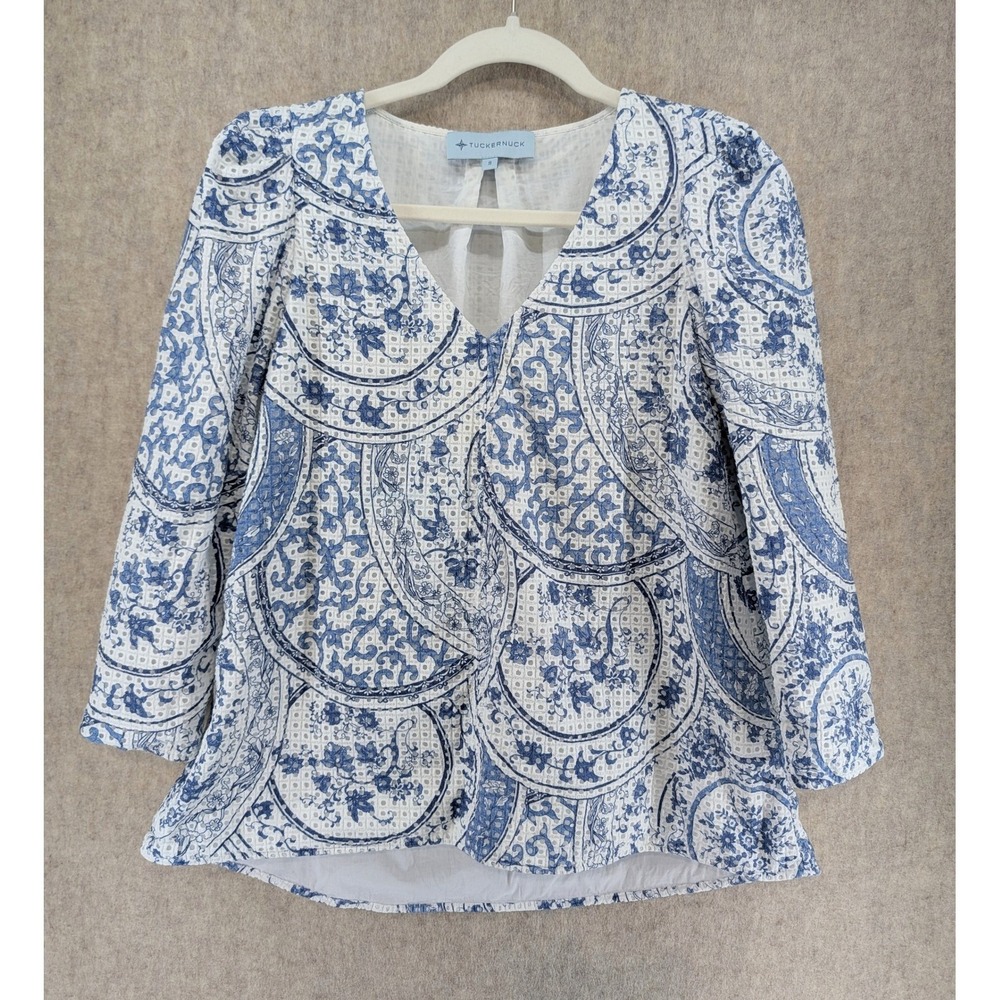 Tuckernuck Blue White Paisley Eyelet Cotton V-Neck Blouse Top Small
